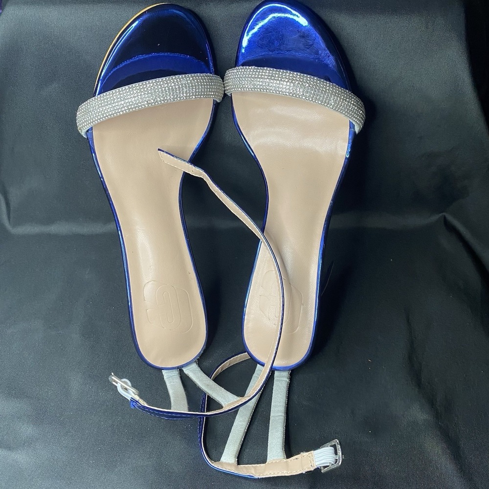 Metallic Blue Patent Rhinestone Cross Strap Stiletto Sandal Heels Sz 9 - Picture 9 of 9